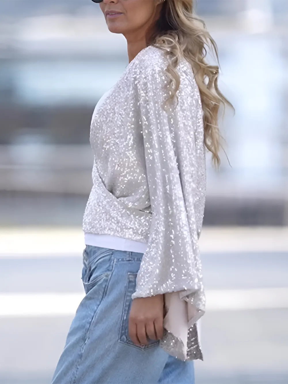 Tied Sequin Surplice Flare Sleeve Blouse, image 3