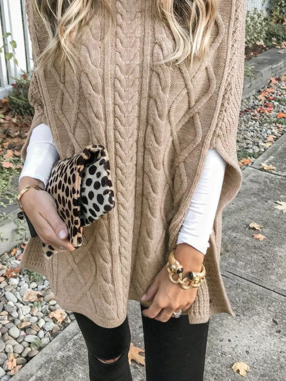 Chunky Cable Knit Turtleneck Poncho Cover Up, image 9