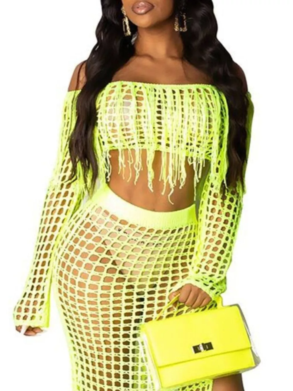 Full Size Crochet Off-Shoulder Fringe Top and Skirt Set Plus Size, image 26