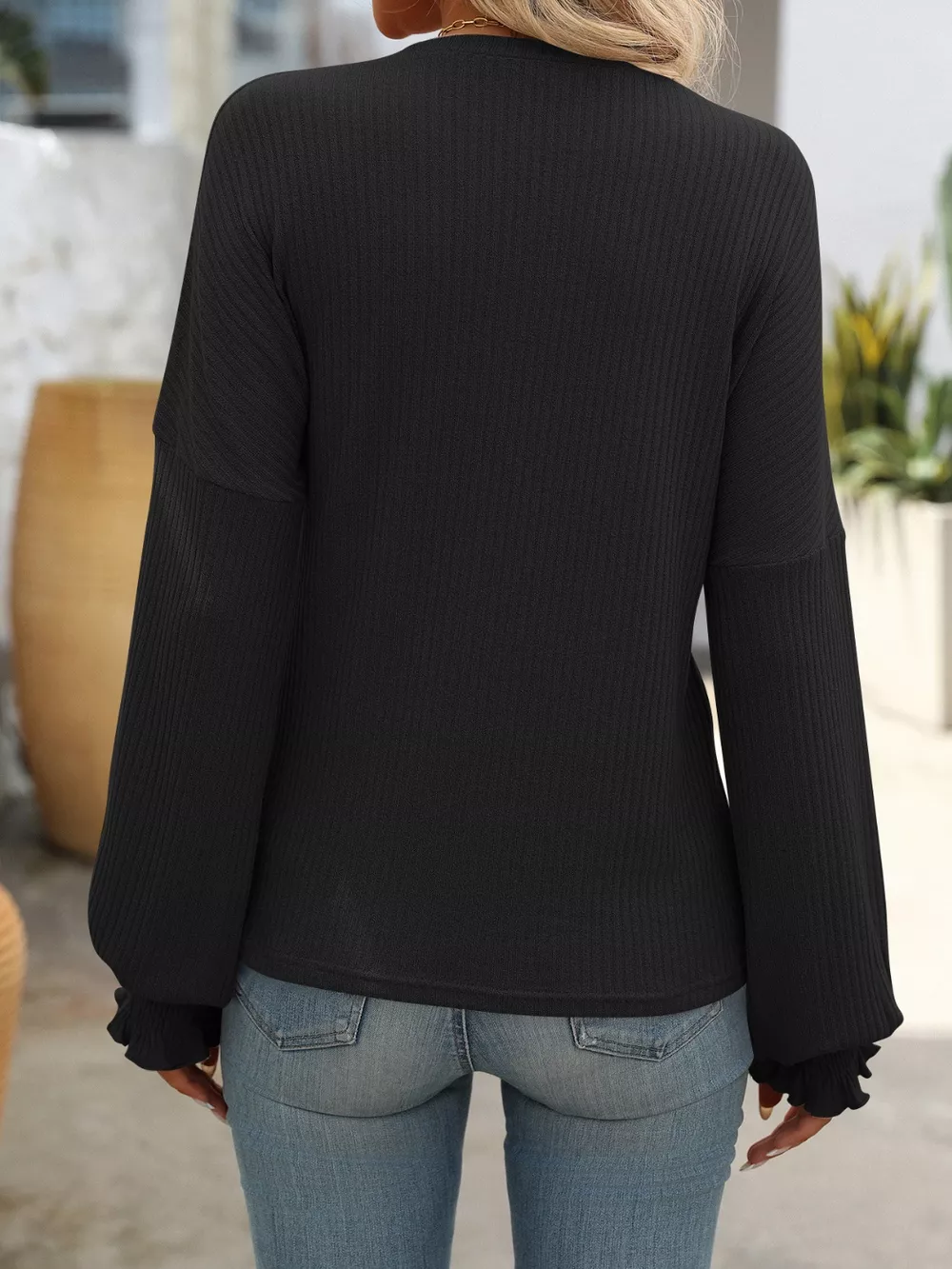 Ribbed Knit Ruffle Cuff T-Shirt, image 20