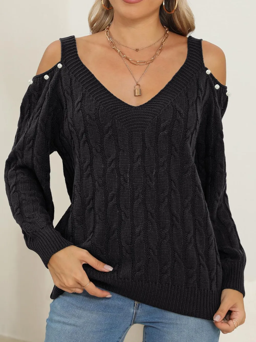 Cable-Knit Cold Shoulder Sweater, image 7