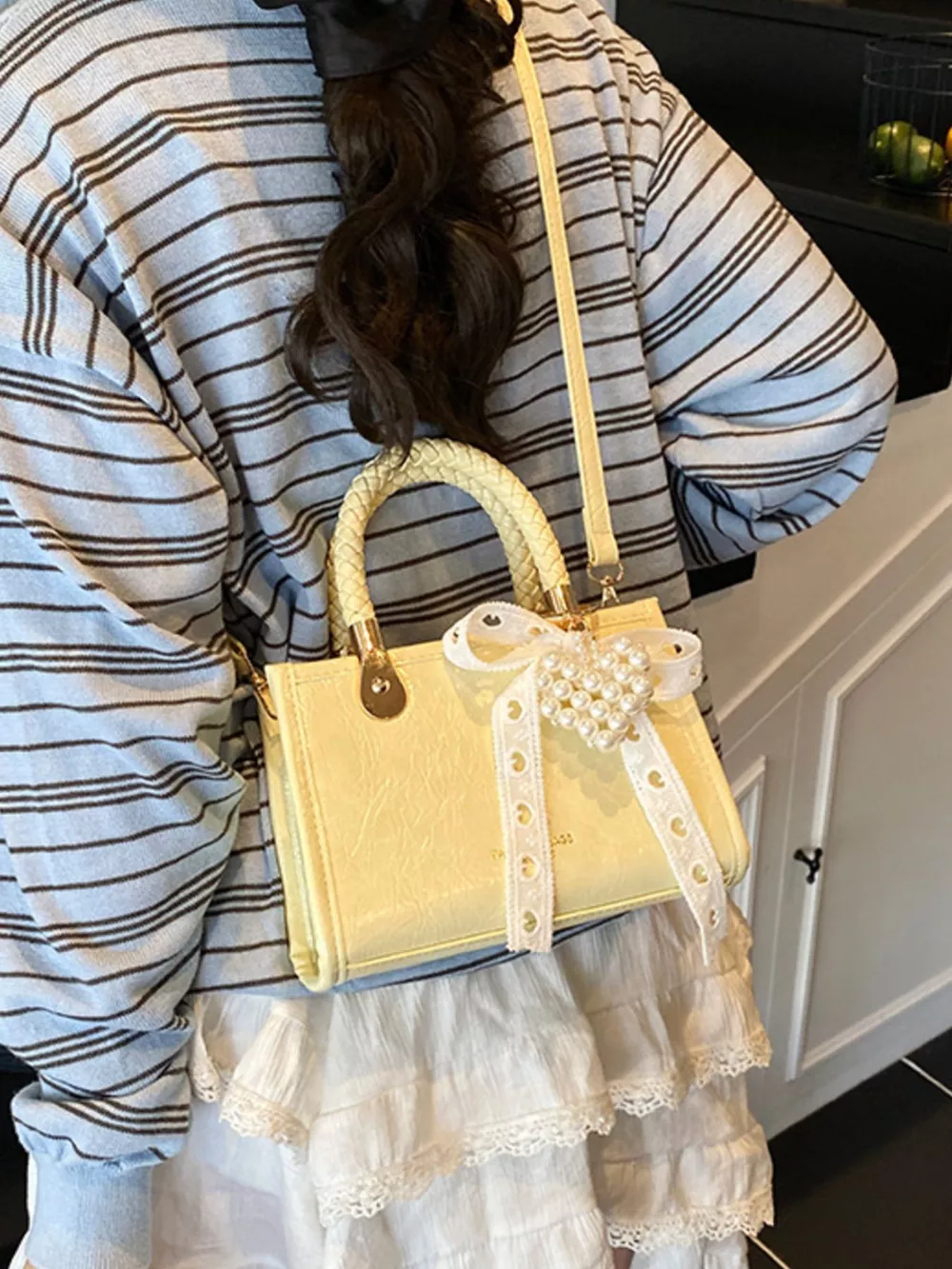 Braided Handle Pearl Decor Crossbody Bag, image 13