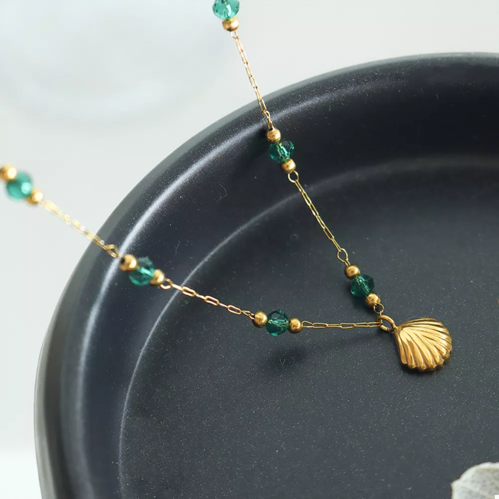18K Gold-Plated Titanium Steel Crystal Bead Pendant Necklace, image 4