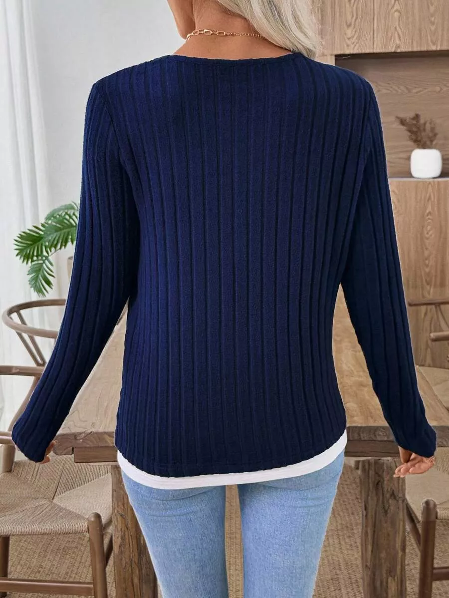 Ribbed Knit Long Sleeve Fake Two-Piece T-Shirt, image 18