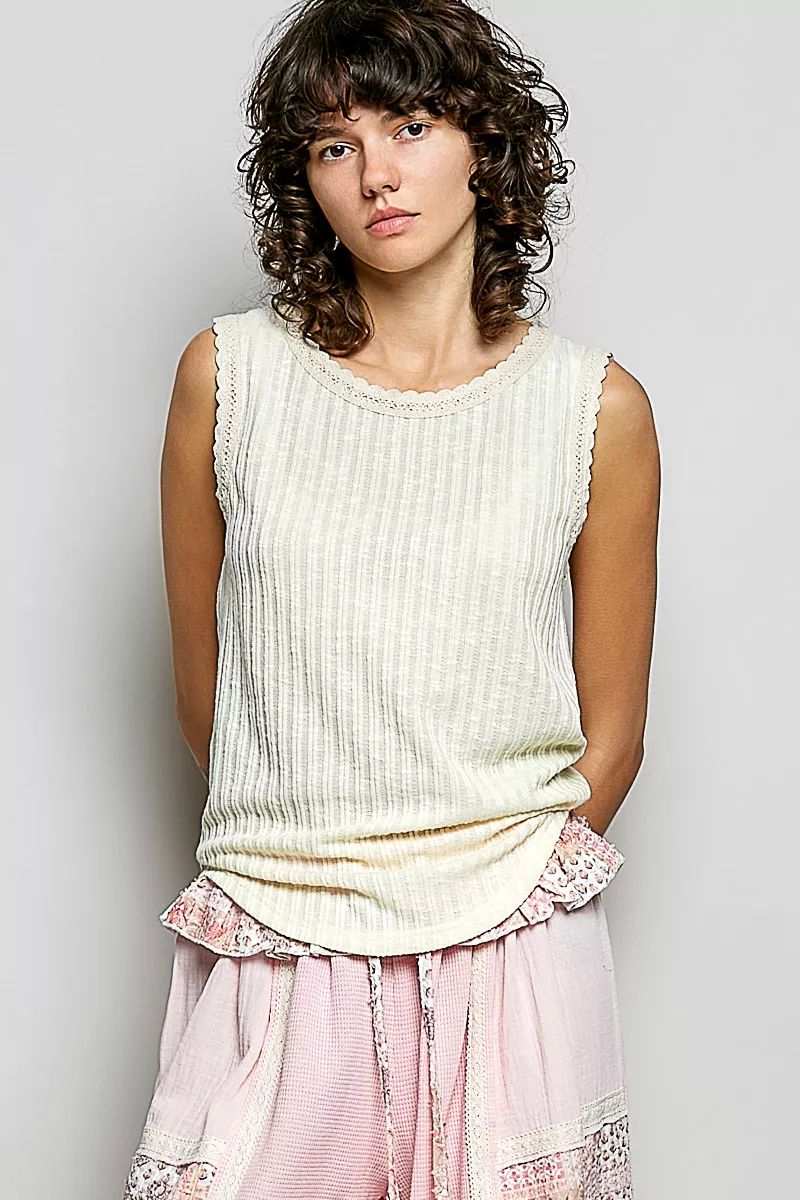 Ribbed Round Neck Tank with Lace Trim, image 7