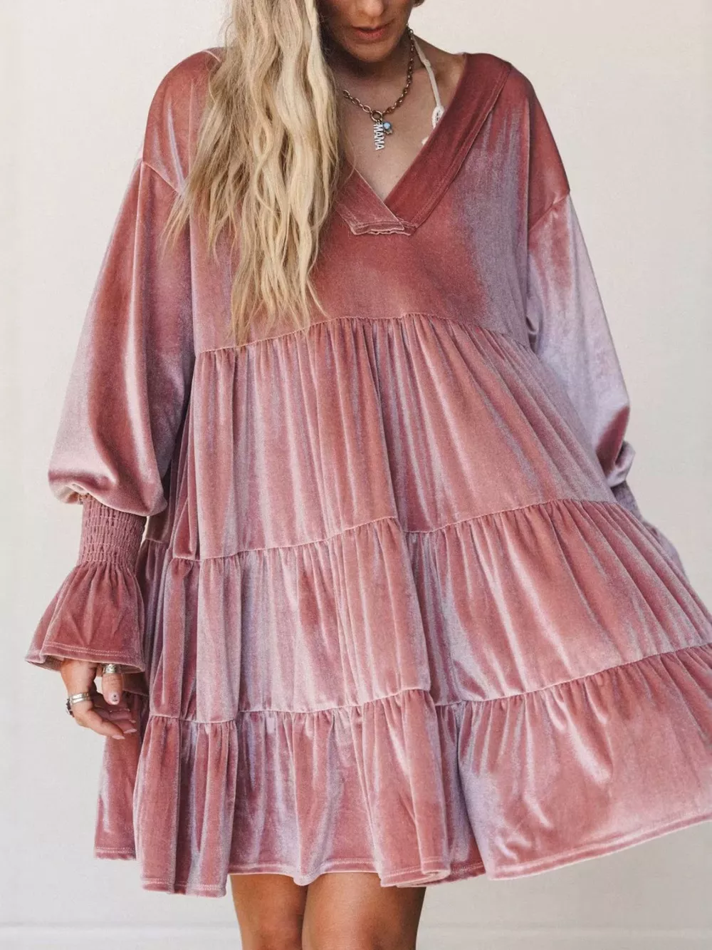 Velvet Tiered Mini Dress with Balloon Sleeves