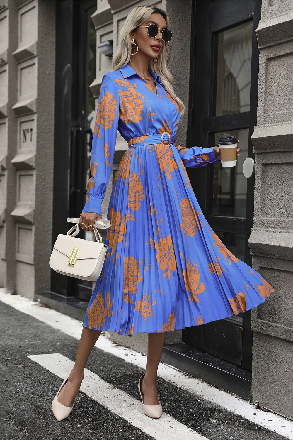 Floral Pleated Surplice Long Sleeve Midi Dress, image 3