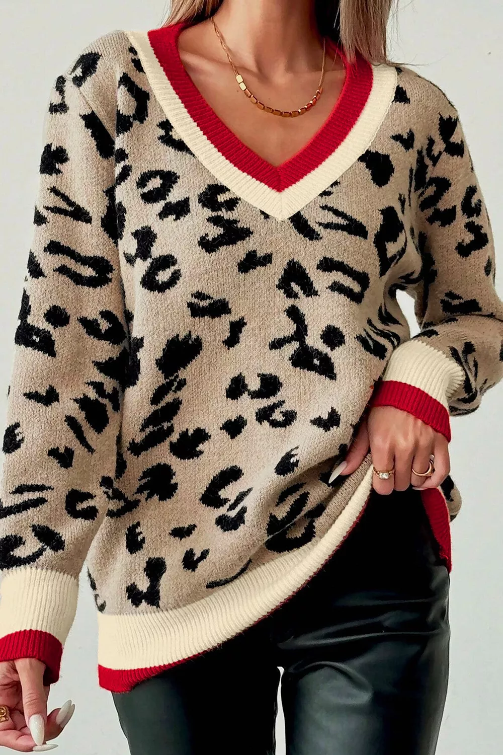 Leopard Pattern V-Neck Contrast Rib Knitted Sweater, image 3