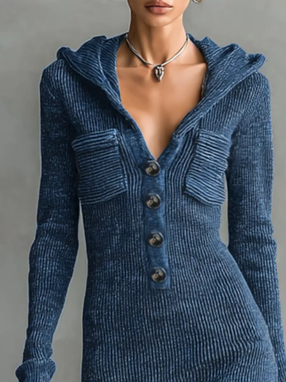 Hooded Knit Maxi Dress with Button-Up Placket and Chest Pockets, image 2