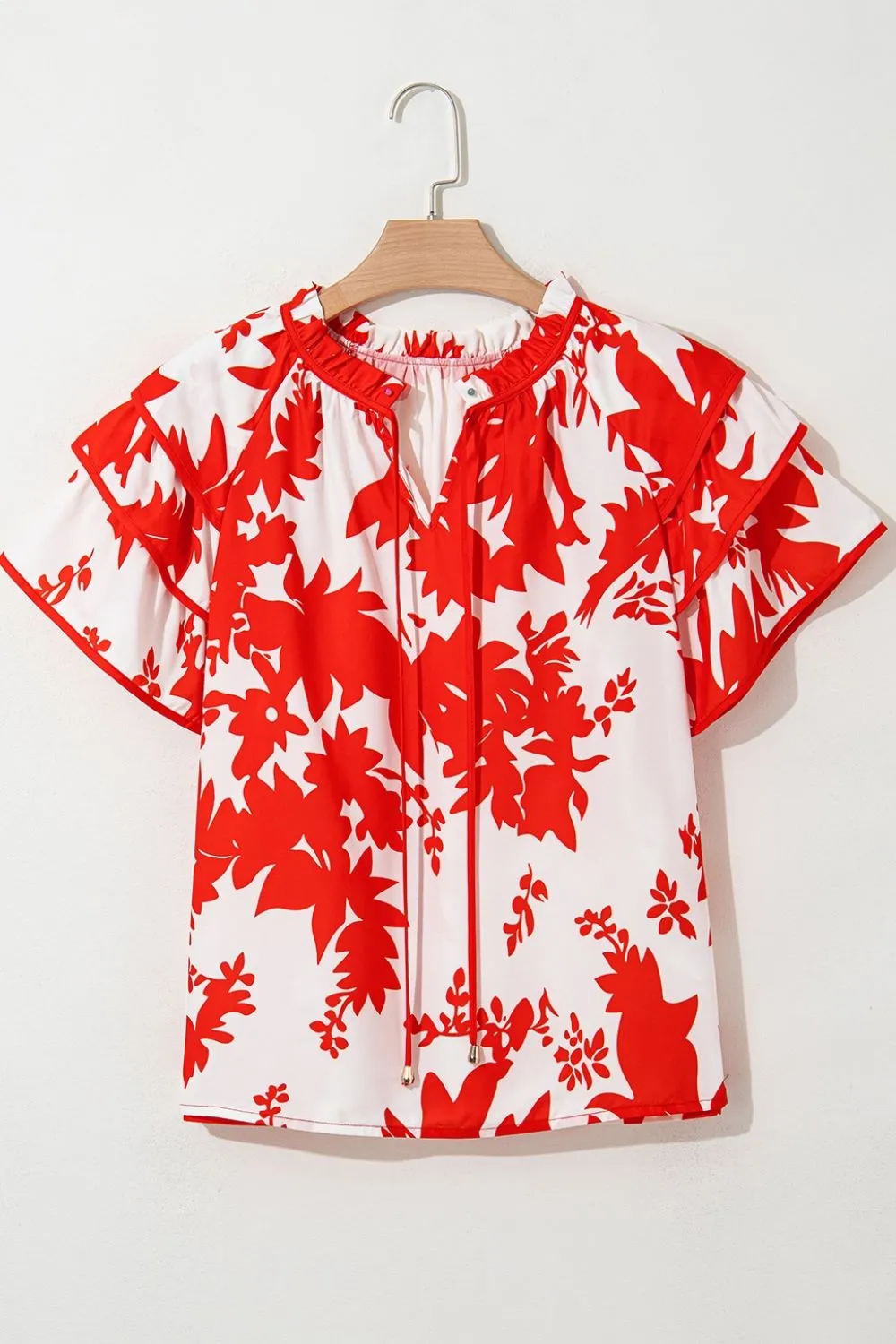 Plant Print Tiered Ruffled Sleeve Tie Neck Blouse, image 8