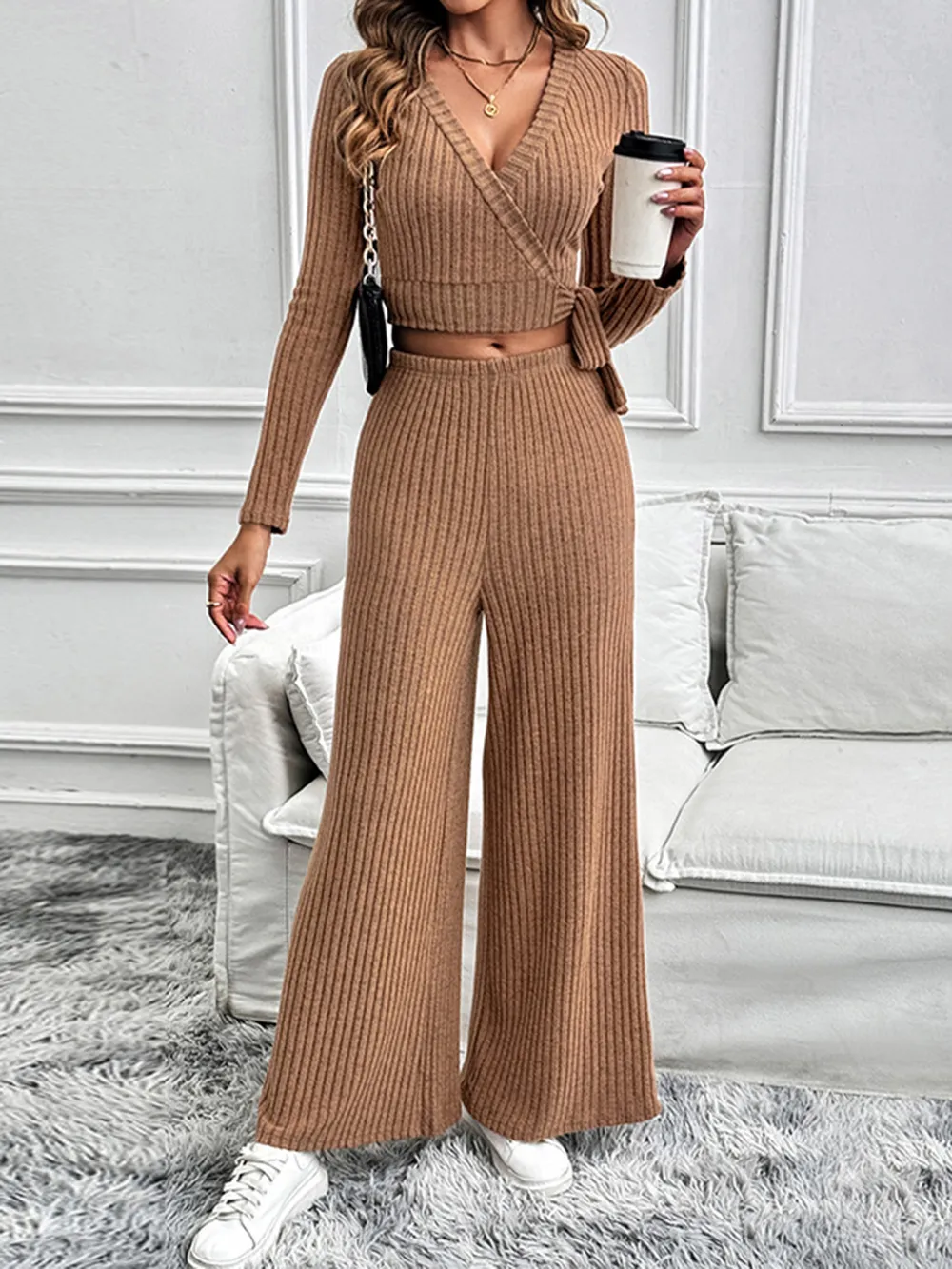 Surplice Long Sleeve Top and Pants Set, image 3