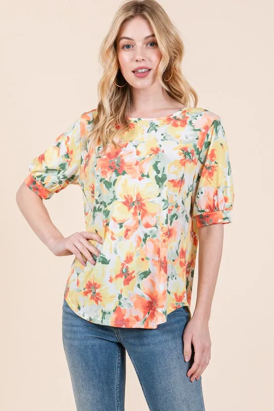 Floral Round Neck Puff Sleeve Top, image 3