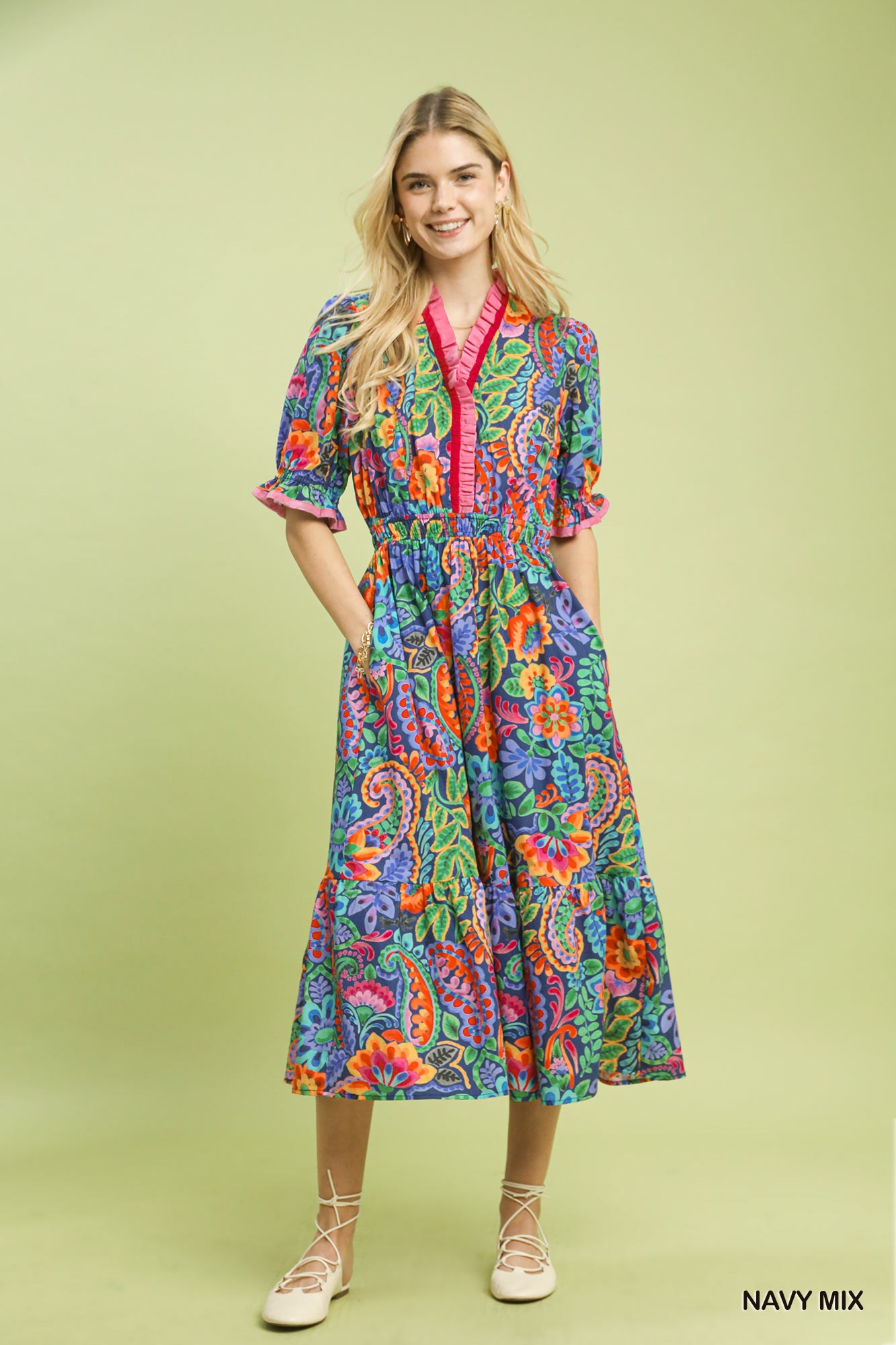 Mix Floral Midi Dress with Ruffle Trim, image 5