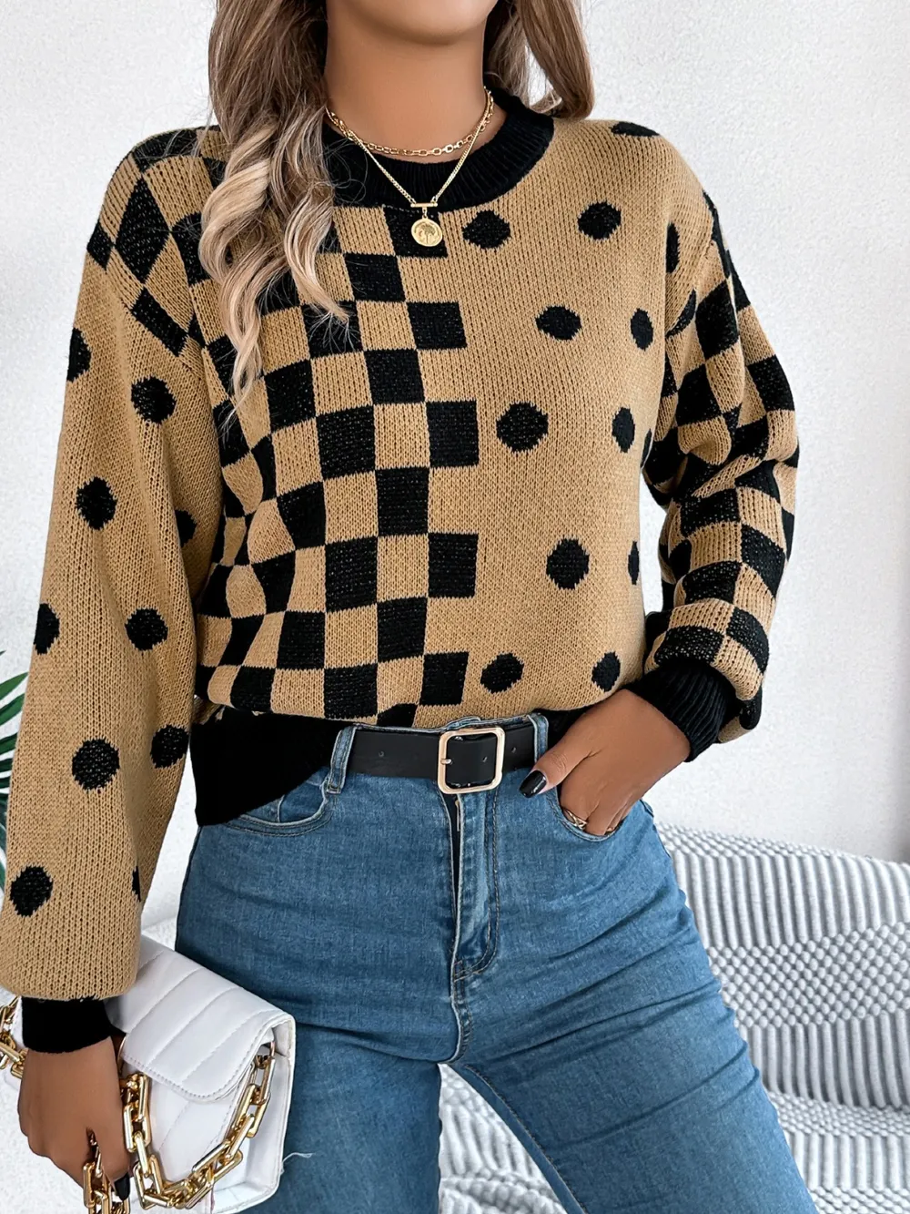 Plaid Round Neck Long Sleeve Sweater, image 18