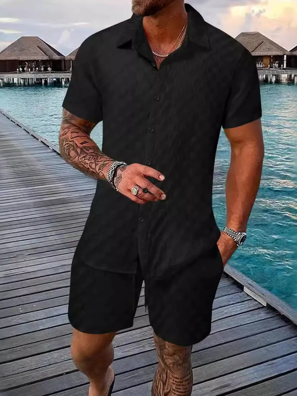 Men's Full Size Collared Neck Short Sleeve Top and Shorts Set Plus Size, image 4