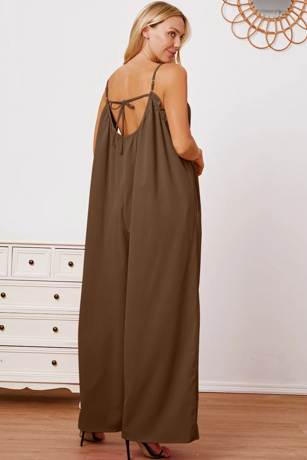 Full Size Ruffle Trim Tie Back Cami Jumpsuit with Pockets, image 10