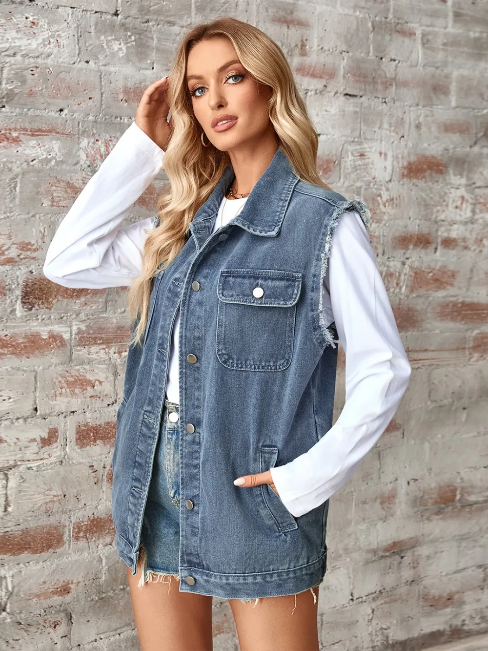 Raw Hem Sleeveless Button Up Denim Jacket, image 6