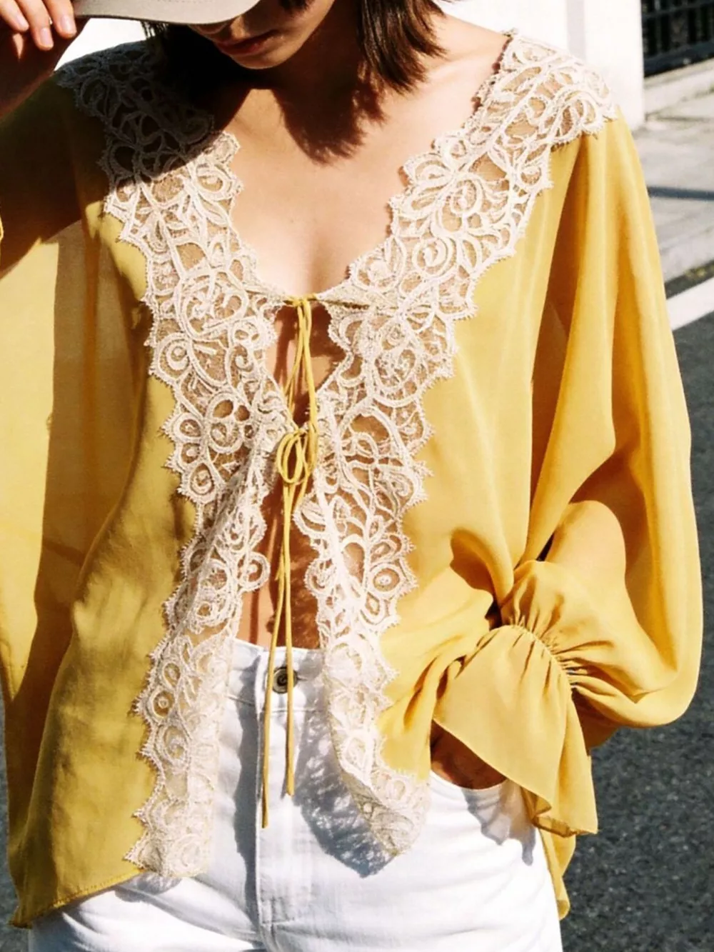 Sheer Lace-Trimmed Front Tie Blouse, image 3
