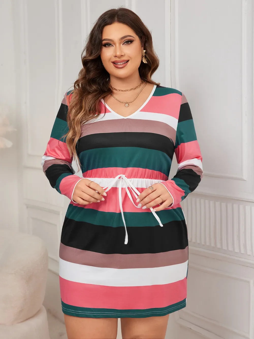 Plus Size Striped V-Neck Long Sleeve Mini Dress, image 2