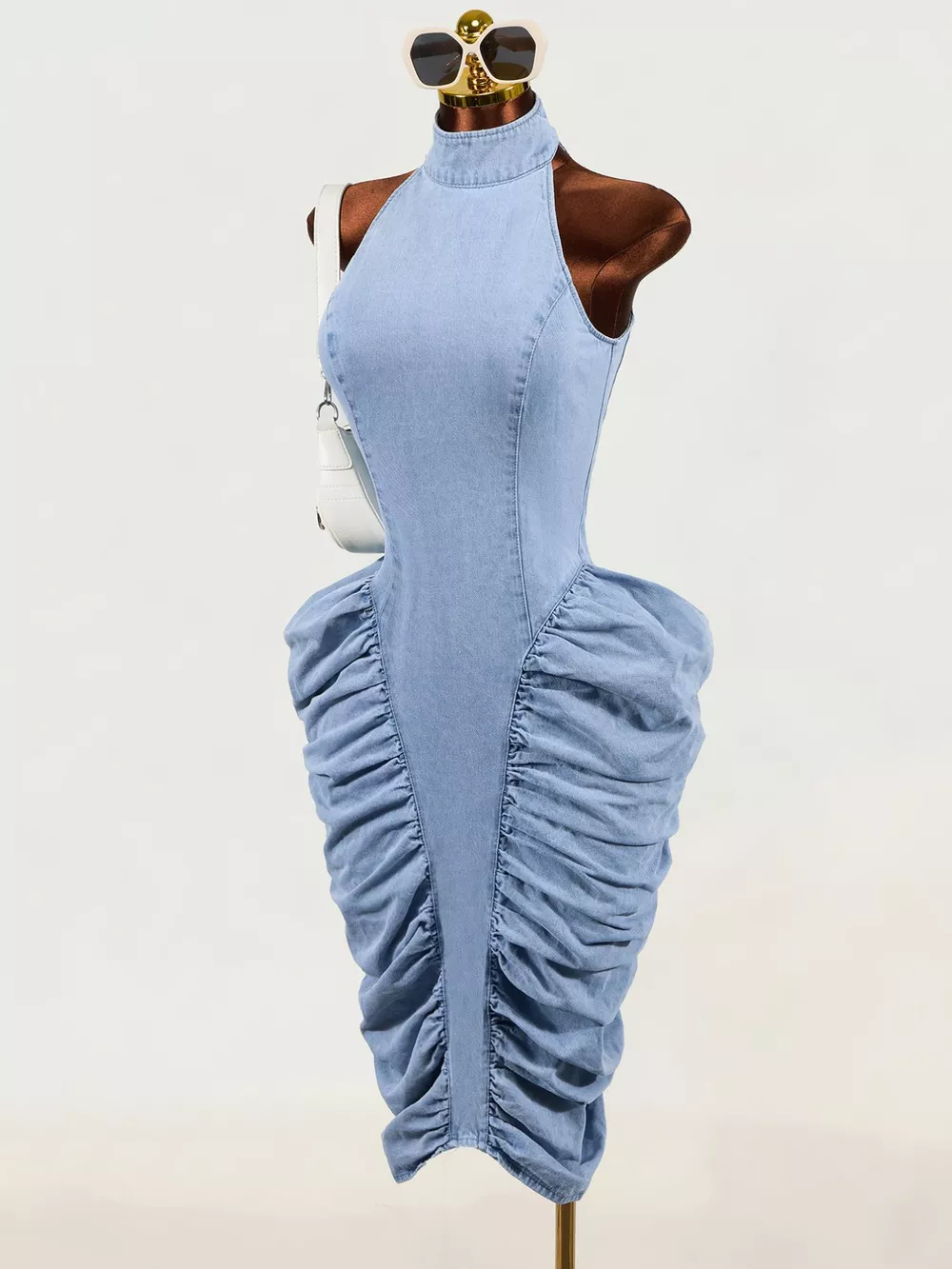 Sleeveless Mock Neck Ruched Bodycon Denim Dress, image 3