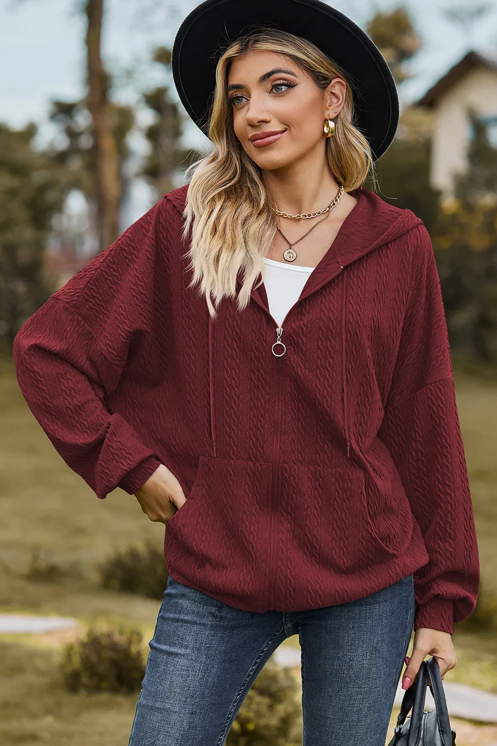 Drawstring Zip Up Dropped Shoulder Hoodie, image 19
