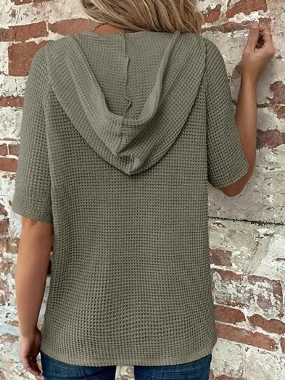 Drawstring Waffle-Knit Short Sleeve Hooded Top, image 15