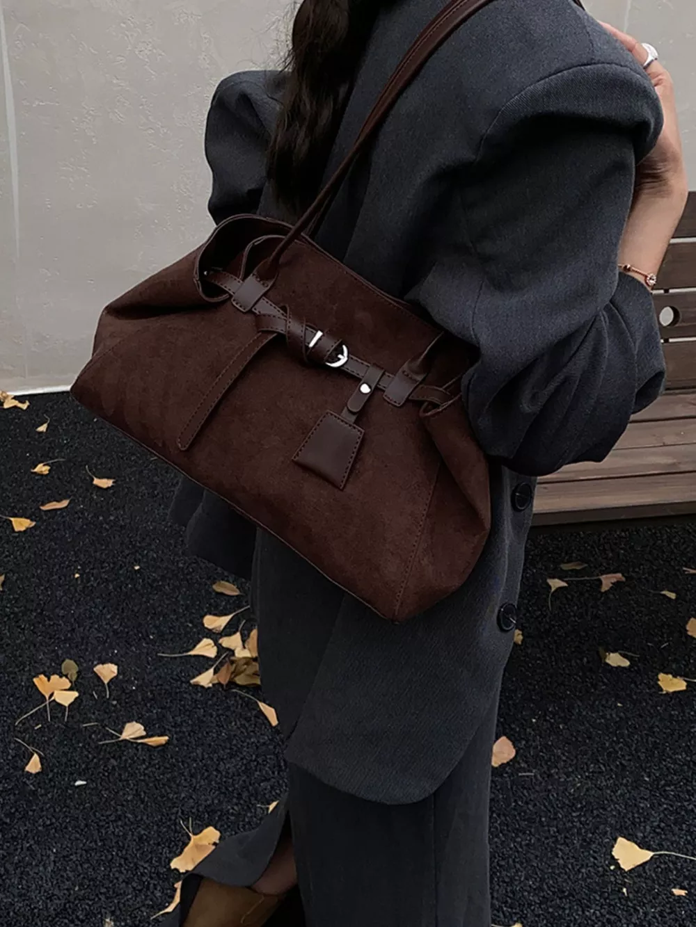 Suede Decorative Belt Buckle Shoulder Bag, image 7
