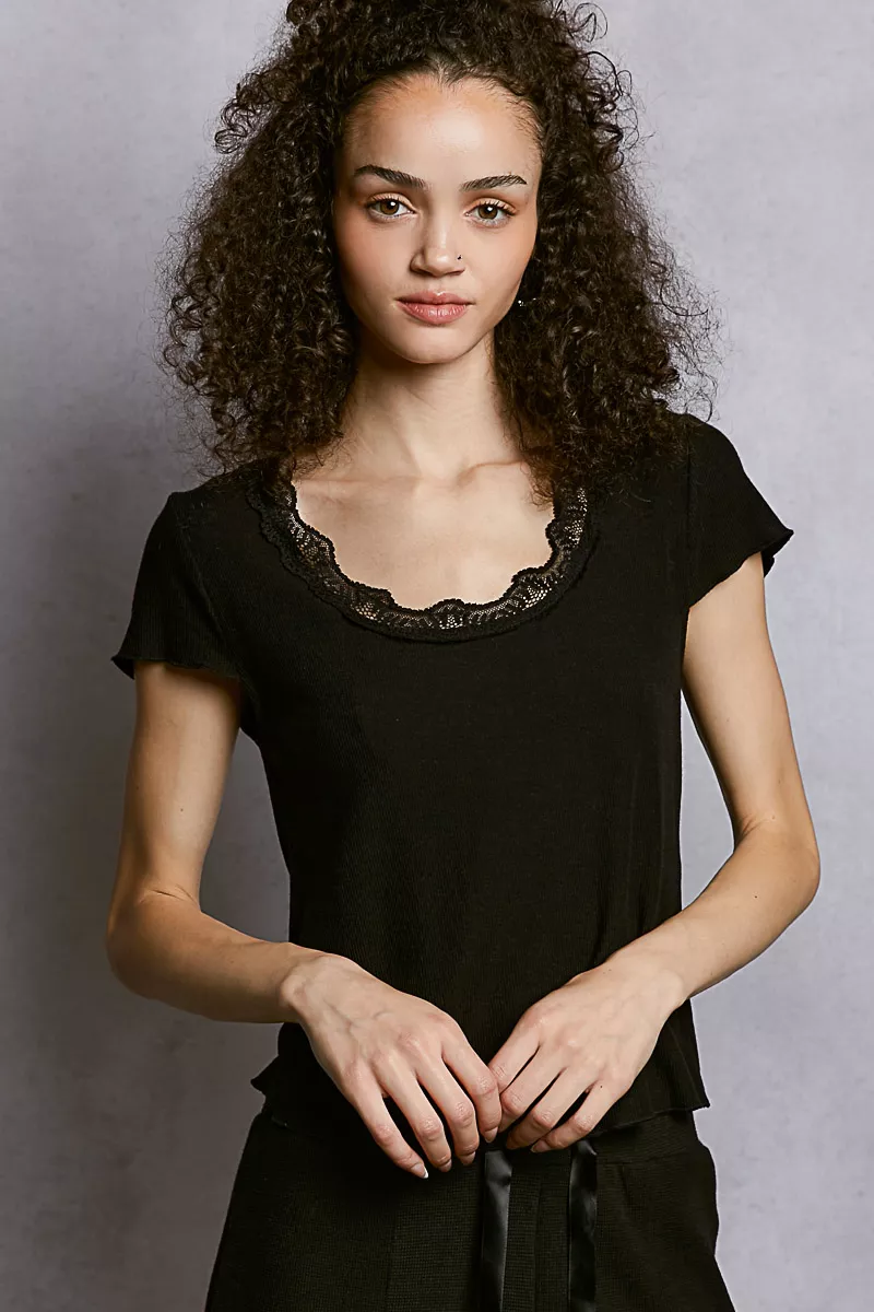 Round Neck Short Sleeve Crop T-Shirt with Lace Trim
