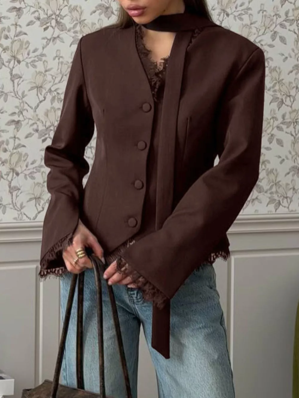 Lace Trim Button Up Blazer, image 8
