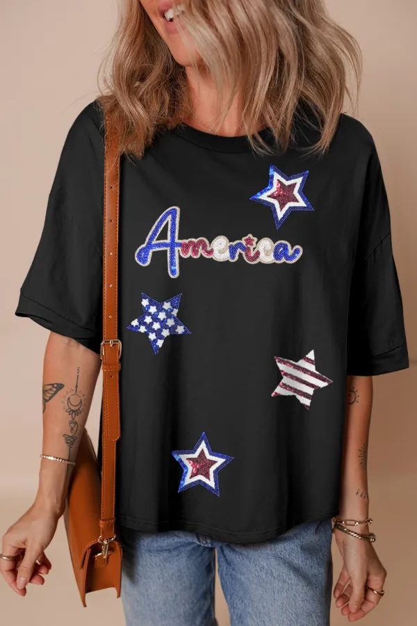 Sequined America Star Round Neck T Shirt