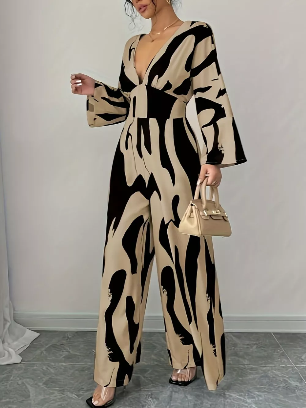 Abstract Print V-Neck Wide Leg Jumpsuit