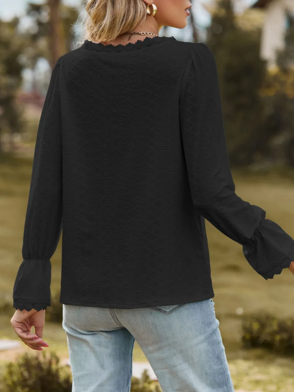 Lace Trim V-Neck Blouse with Flounce Sleeves, image 8
