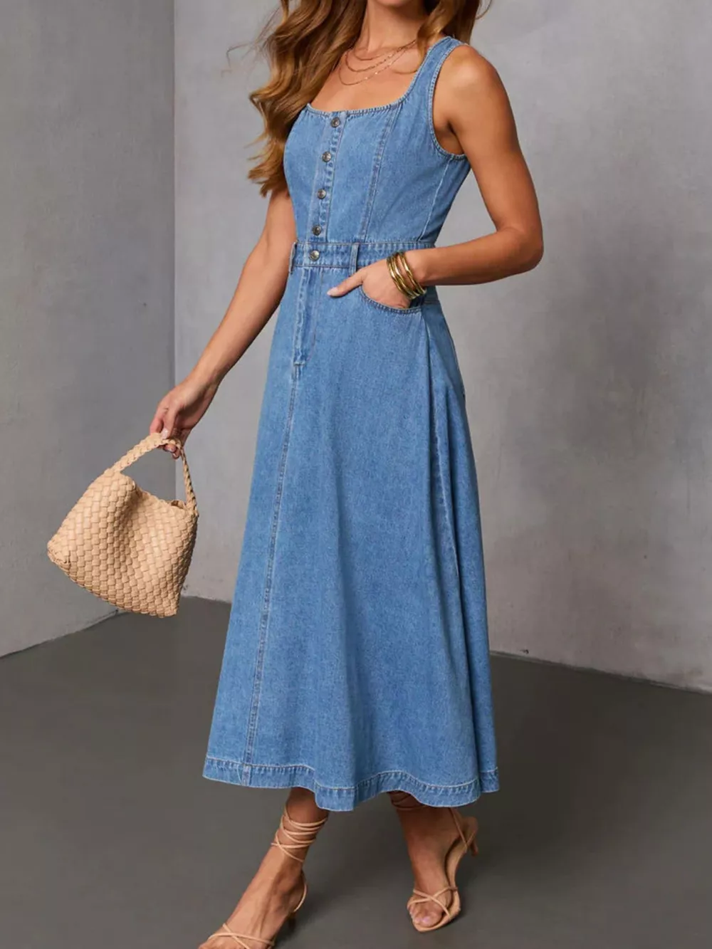 Sleeveless Button-Down Denim Midi Dress, image 4
