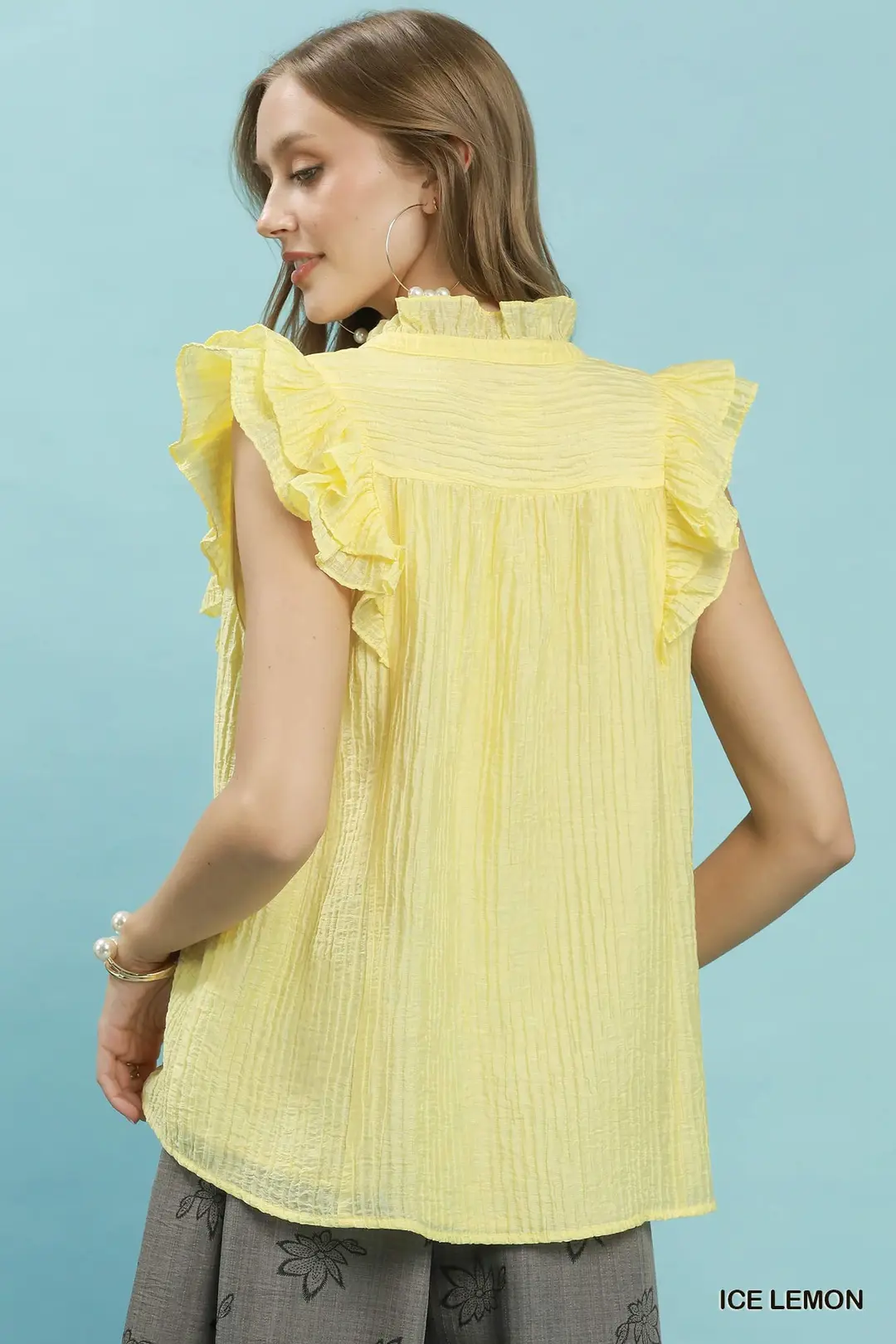 Textured Ruffle Sleeve Split V Neck Top, image 3