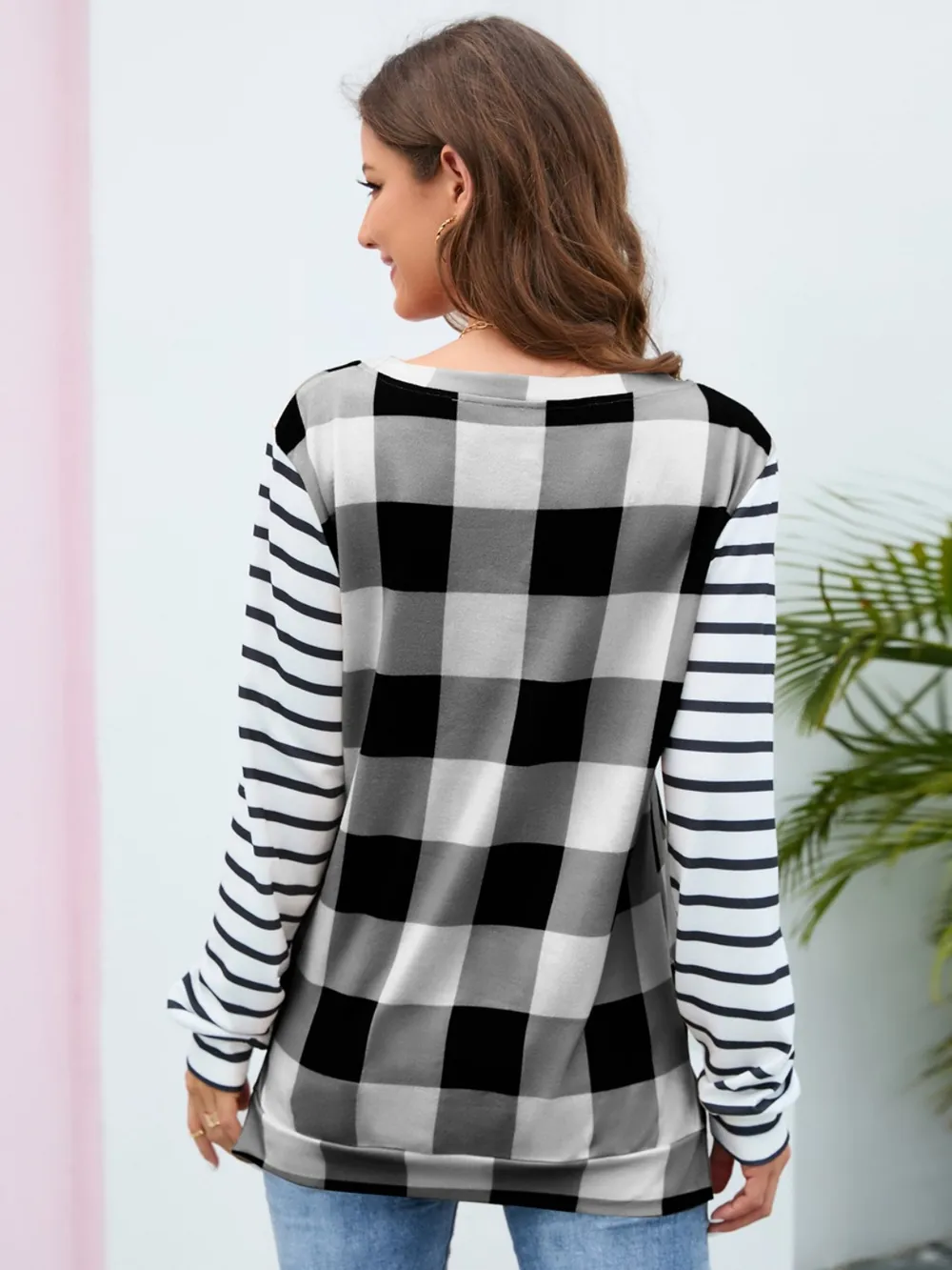 Plaid Striped Round Neck Long Sleeve T-Shirt, image 21