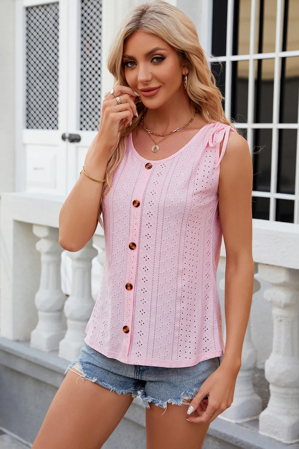 Eyelet Round Neck Wide Strap Tank, image 4