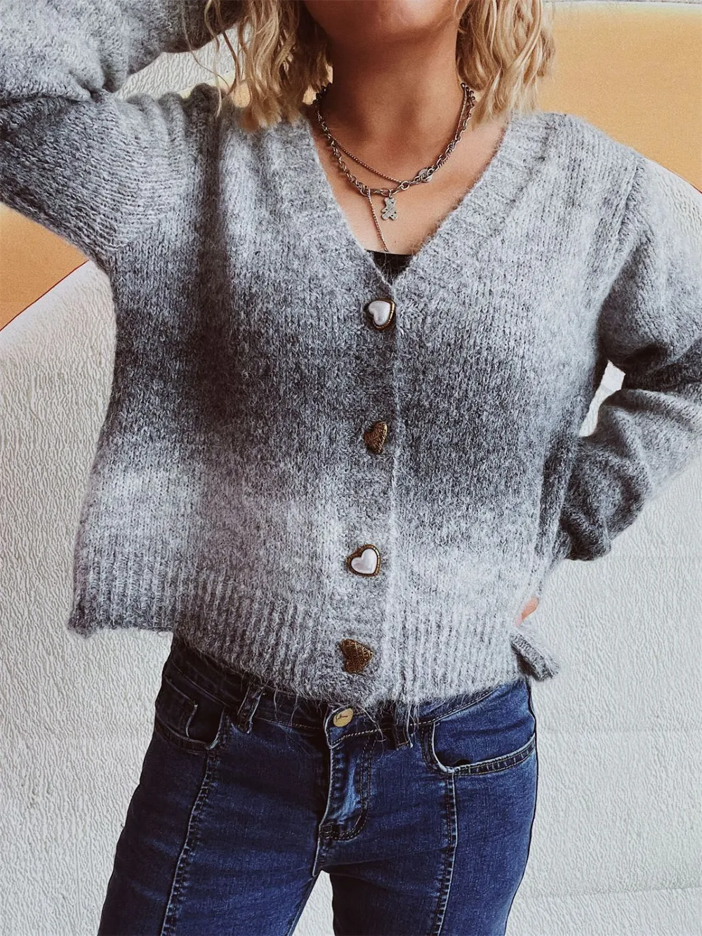 Gradient Heart Shape Button V-Neck Cardigan, image 16