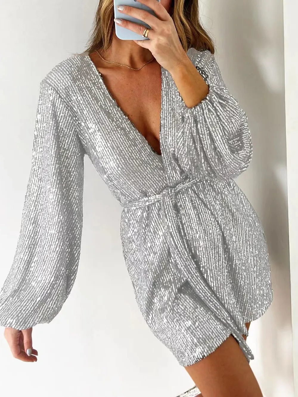 Full Size Sequin Surplice Tie Waist Long Sleeve Romper, image 10