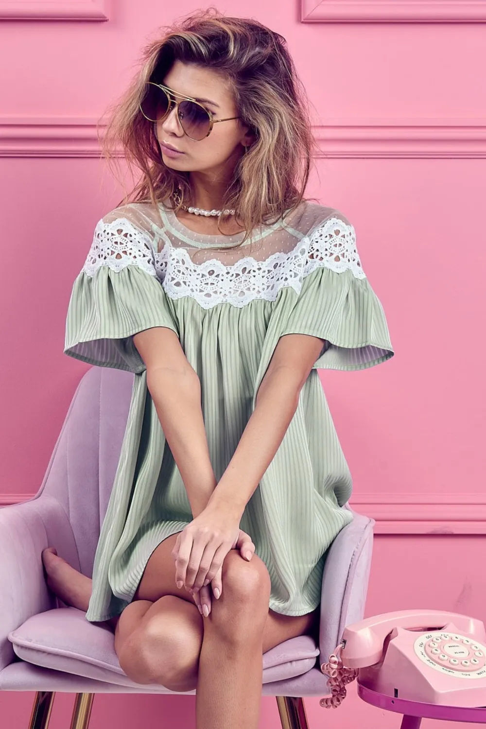 Lace Detail Short Sleeve Striped Blouse, image 4