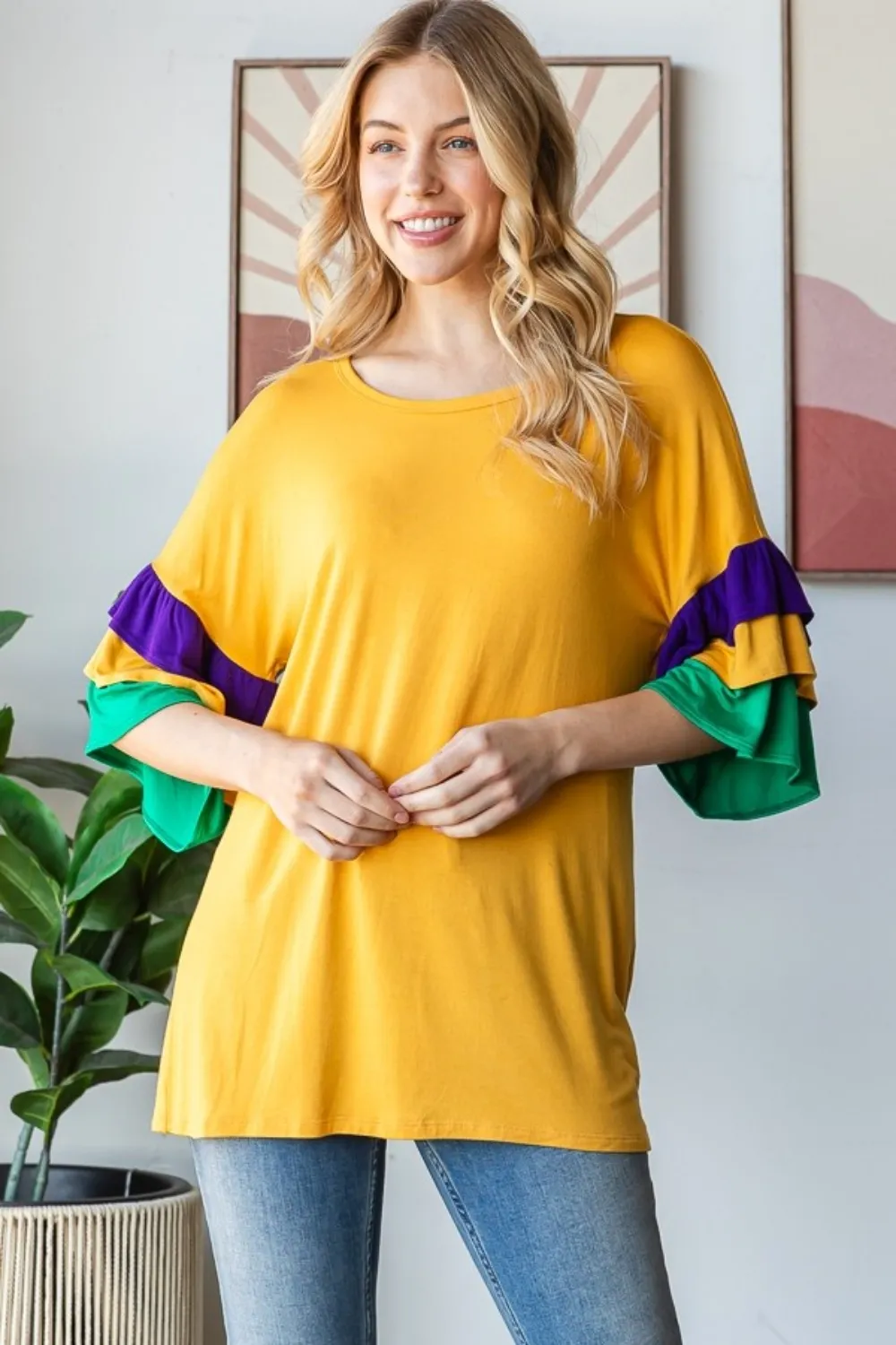 Full Size Round Neck Color Block Ruffled Half Sleeve Top Plus Size, image 2