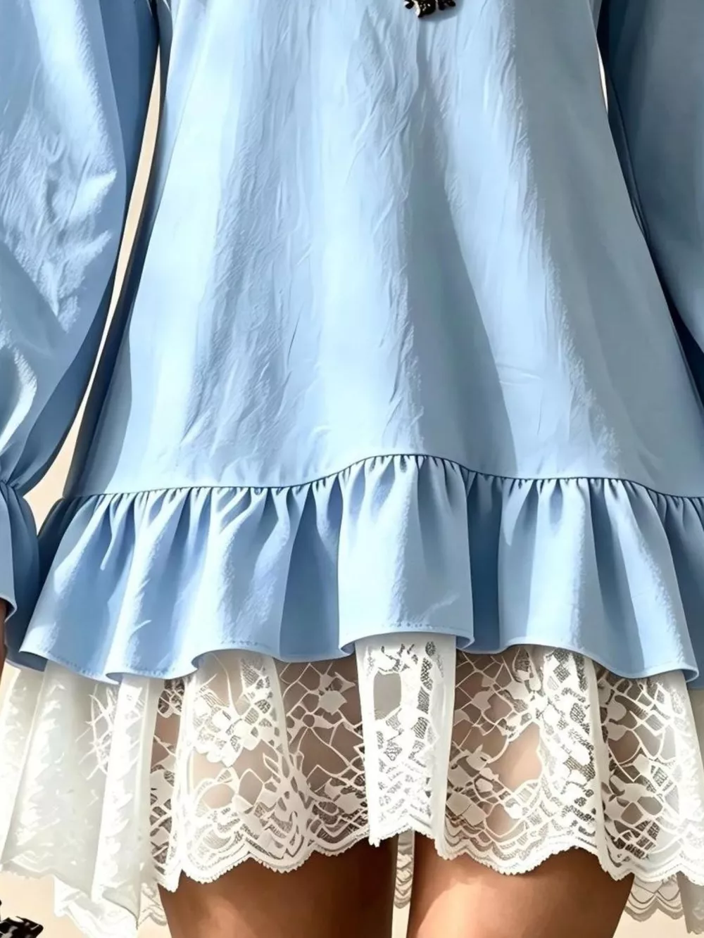 V-Neck Long Sleeve Ruffle Hem Lace Trim Mini Dress, image 12