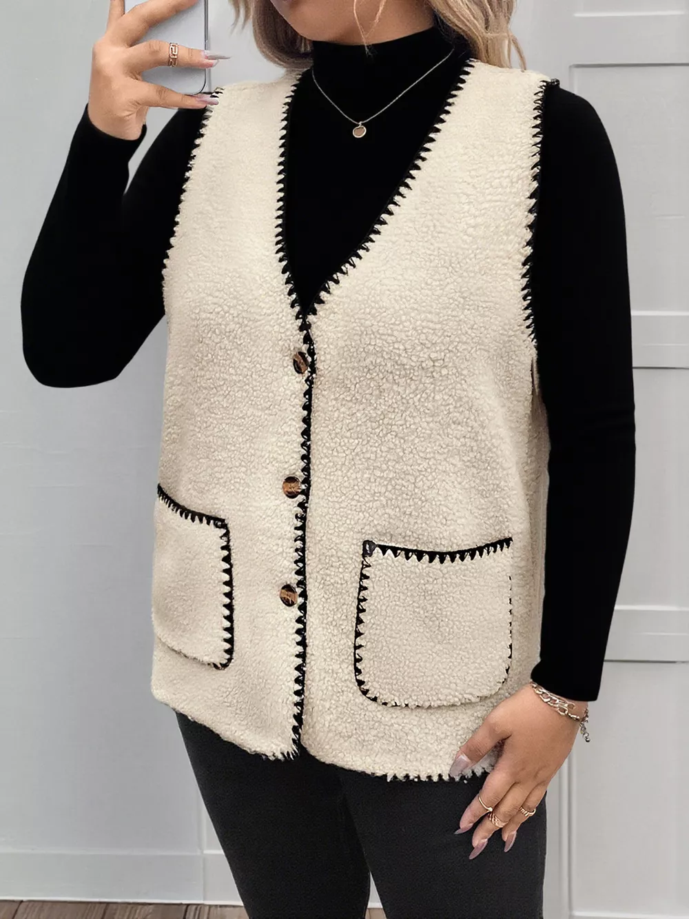 Plus Size Contrast Trim Button Up Vest Coat, image 3