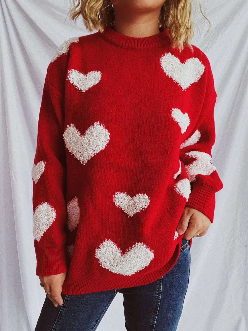 Heart Round Neck Dropped Shoulder Sweater, image 4