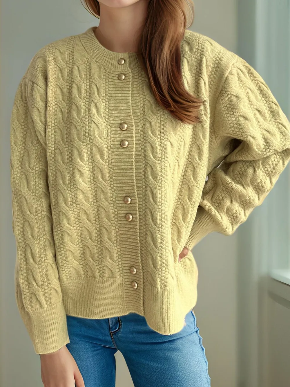 Cable-Knit Round Neck Long Sleeve Cardigan, image 30