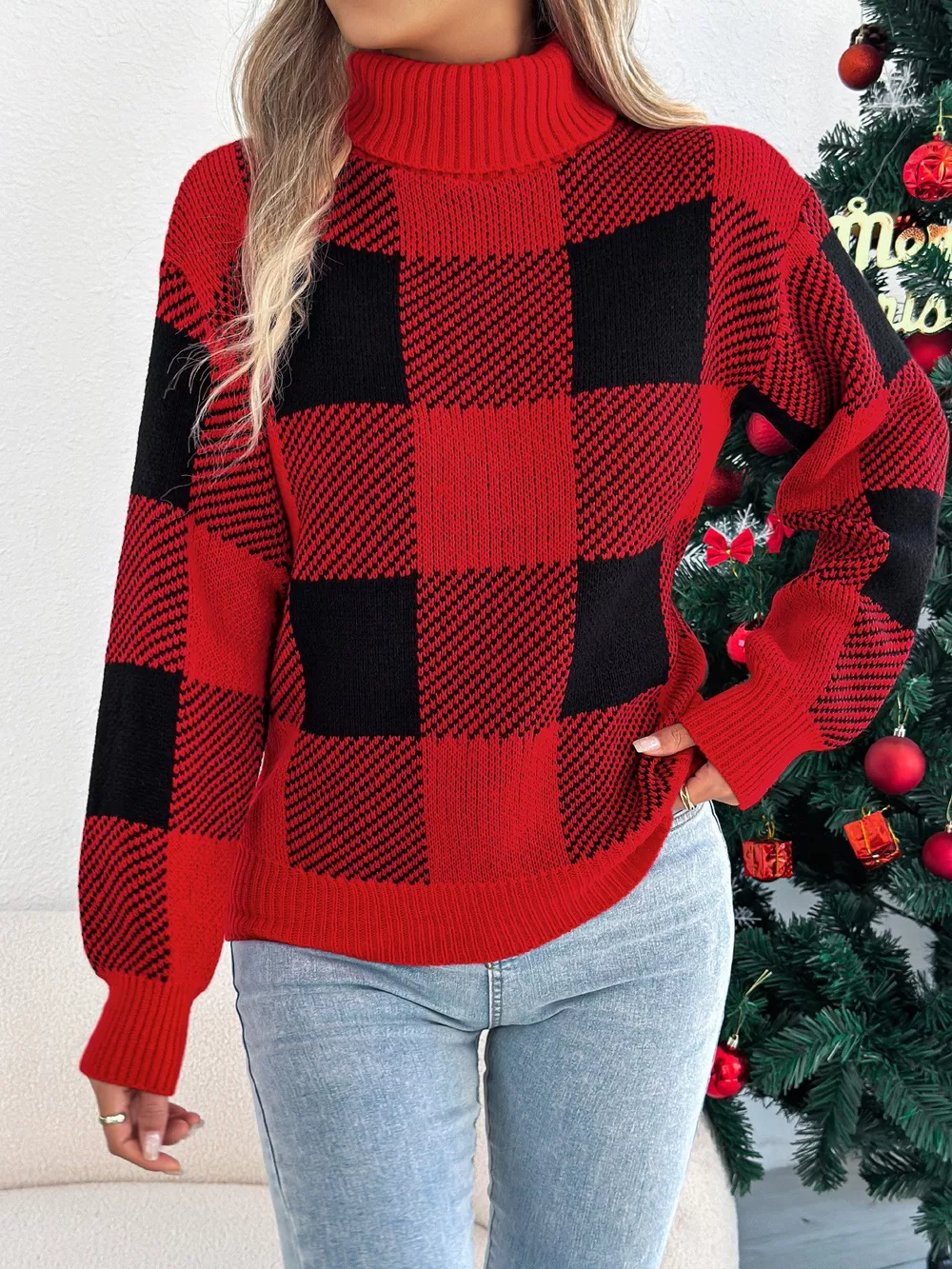 Christmas Plaid Long Sleeve Turtleneck Sweater, image 12