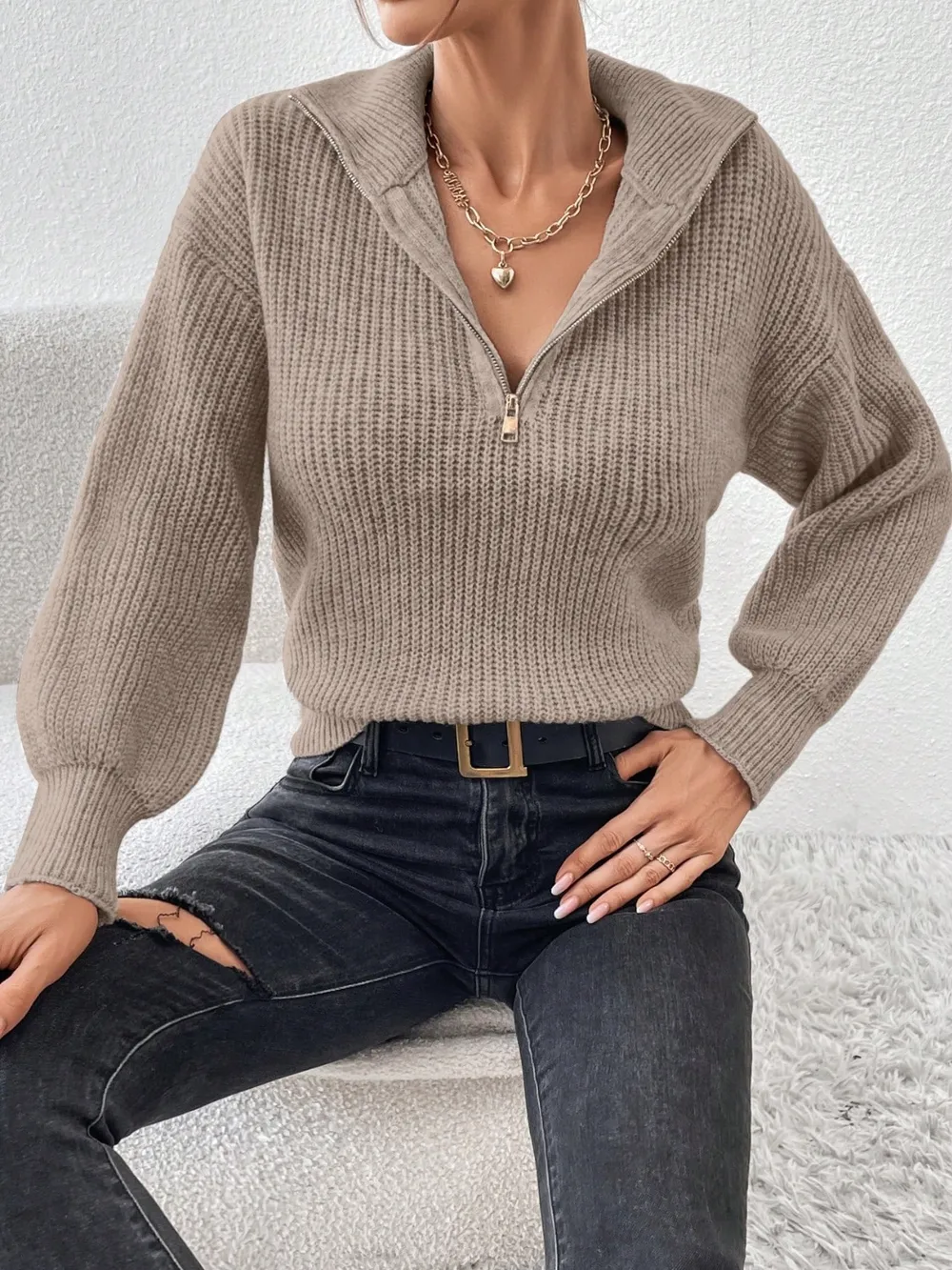 Half Zip Dropped Shoulder Sweater, image 11