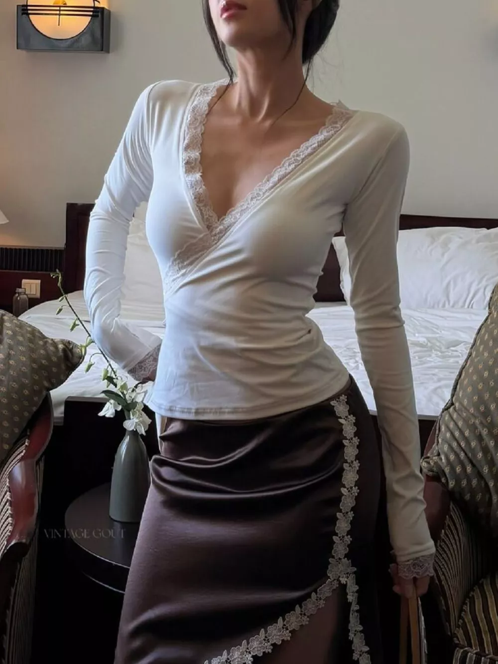Lace-Trimmed Long Sleeves Wrap Blouse, image 13