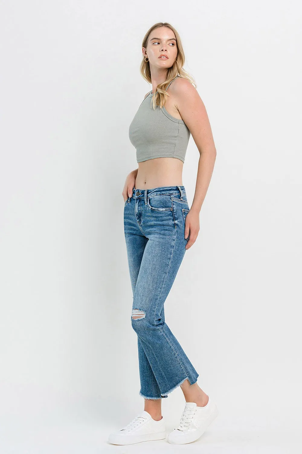 Full Size Mid Rise Distressed Cropped Flare Jeans, image 4