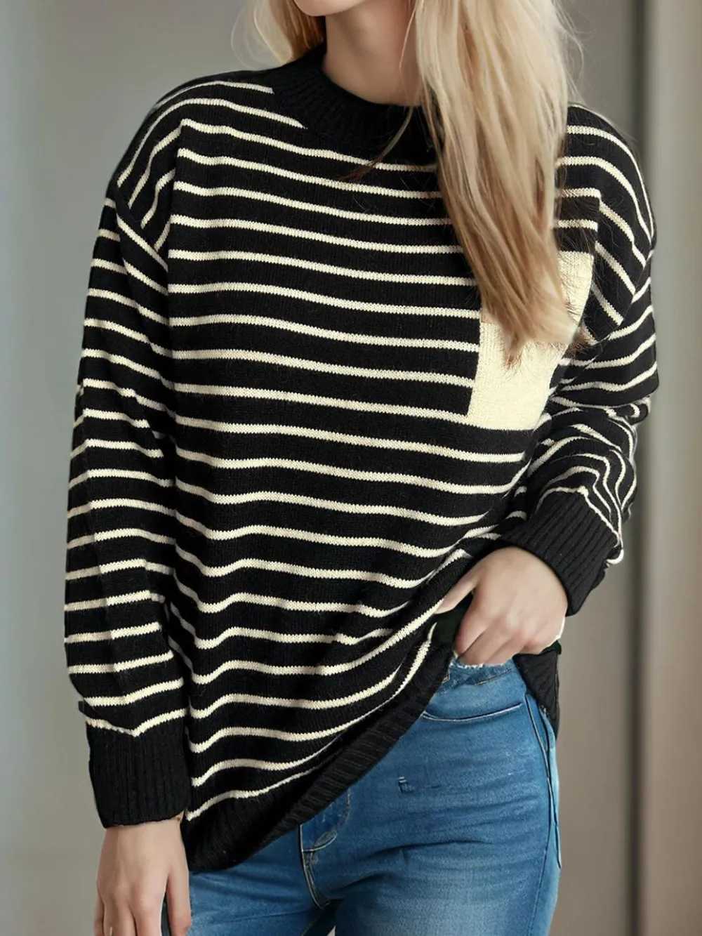 Striped Mock Neck Long Sleeve Sweater, image 8