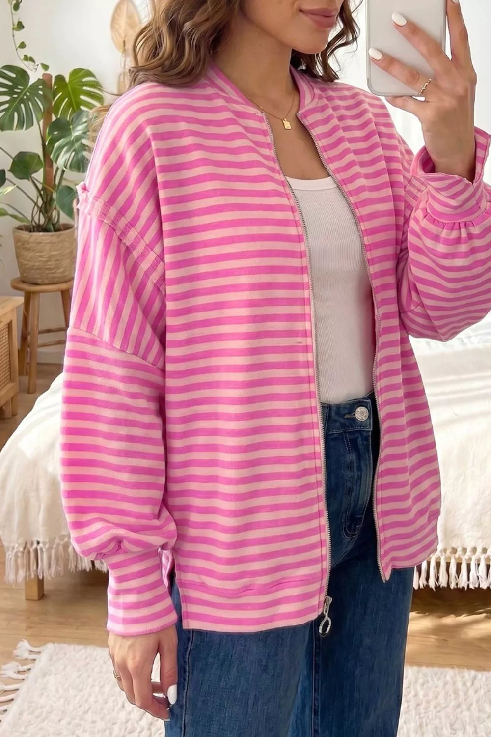 Stripe Striped Zip-up Open Front Loose Fit Regular Length Hoodie, image 2